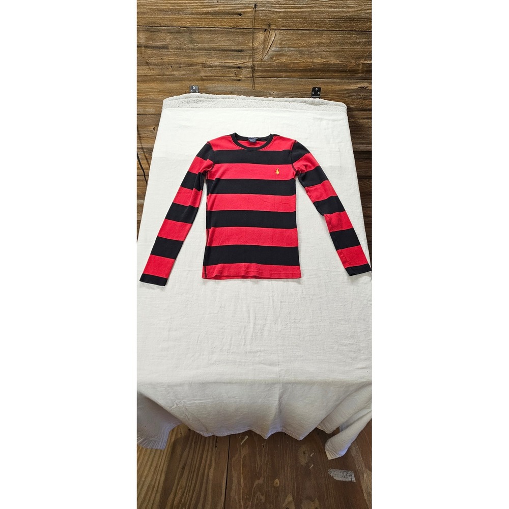 Ralph Lauren Sport Womens Small Red Black Striped Long Sleeve Cotton Tee Shirt